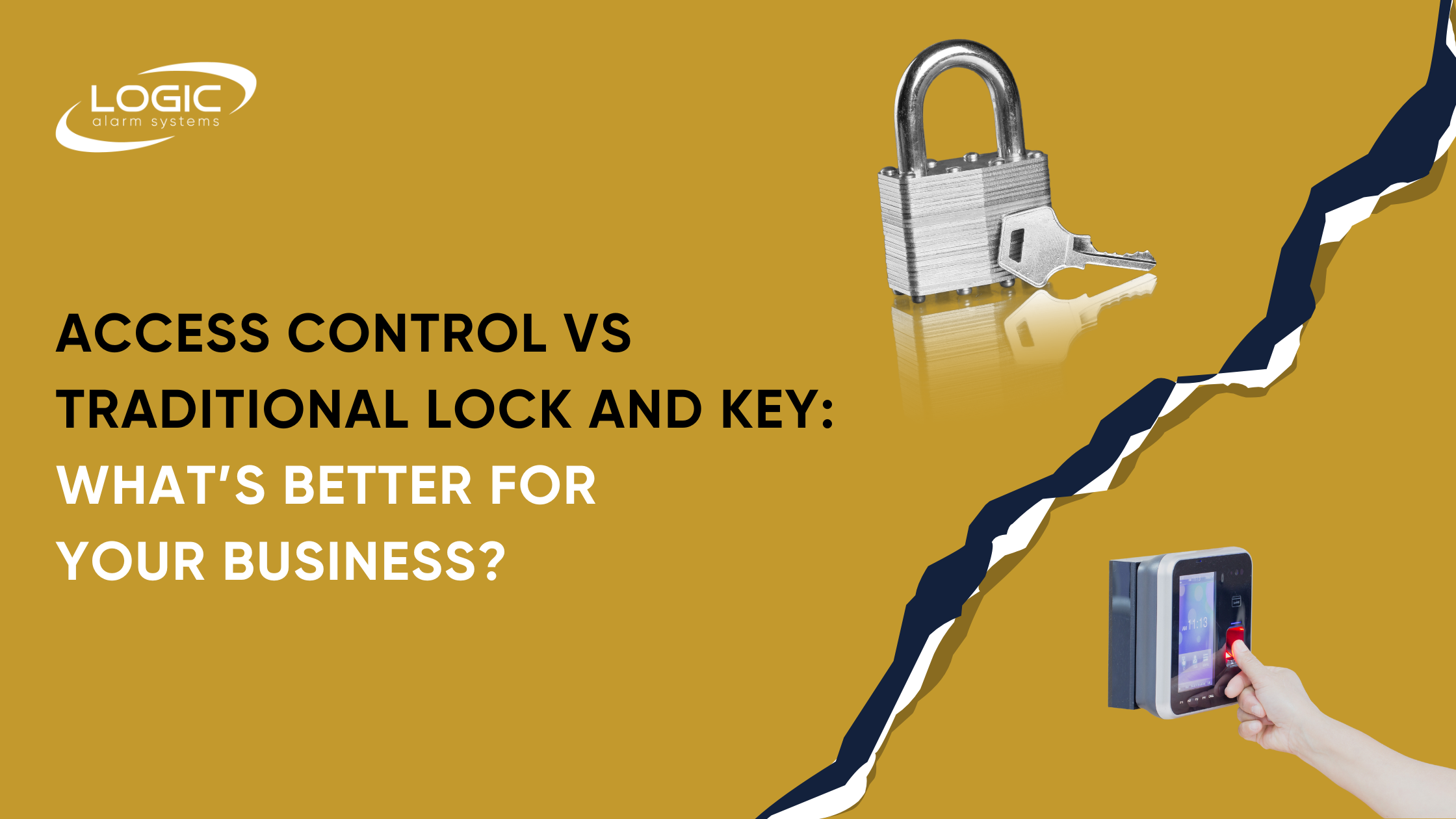 Blog banner with blog title, an image of a padlock and key with a tear through the page, and an image of an access control system underneath it – with someone using their thumbprint for access.
