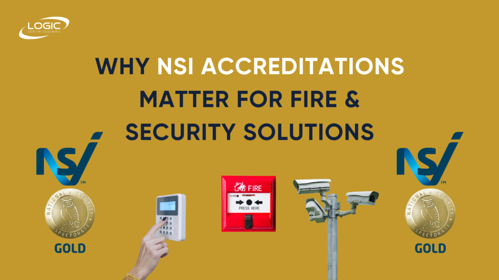: Blog banner with blog title, the NSI Gold logo, a hand typing in a code for an access control panel, a fire alarm panel, and a CCTV system.
